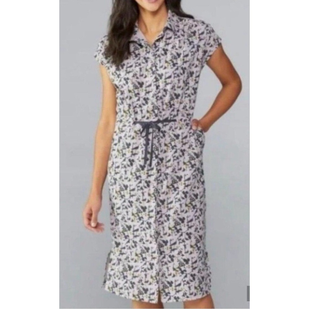 REI Cooperative Floral Midi Shirt Dress Sz Large Purple Grey Button Front Active